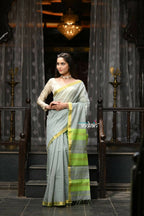 Very Much Indian VMI Exclusive Designer! Handloom Cotton Silk Saree With Sleek Golden Border - Sage Grey