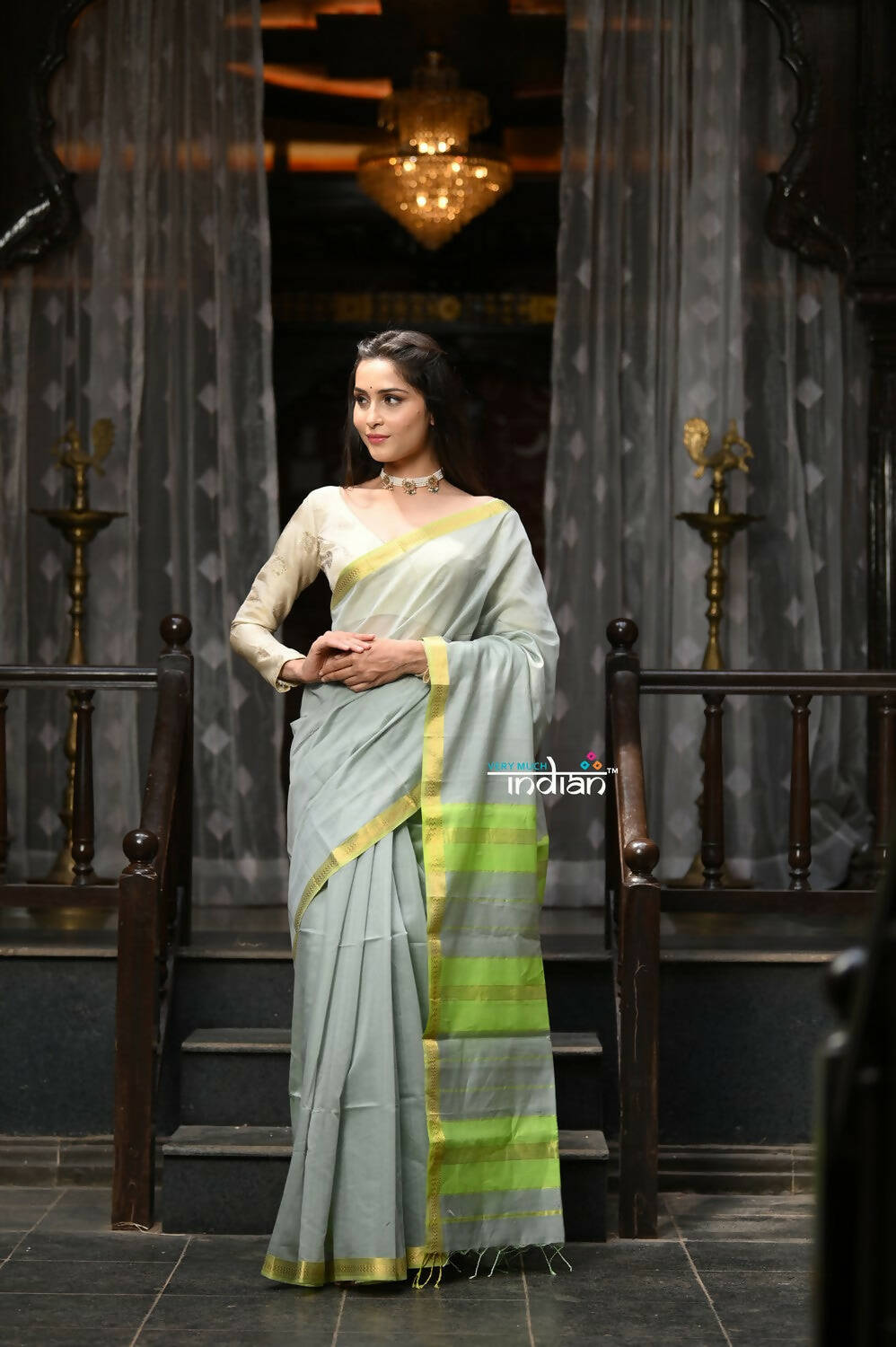 Very Much Indian VMI Exclusive Designer! Handloom Cotton Silk Saree With Sleek Golden Border - Sage Grey