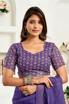 Joban Fashion Purple Geomatric Linen Ready To Wear Saree With Unstitched Blouse - Distacart