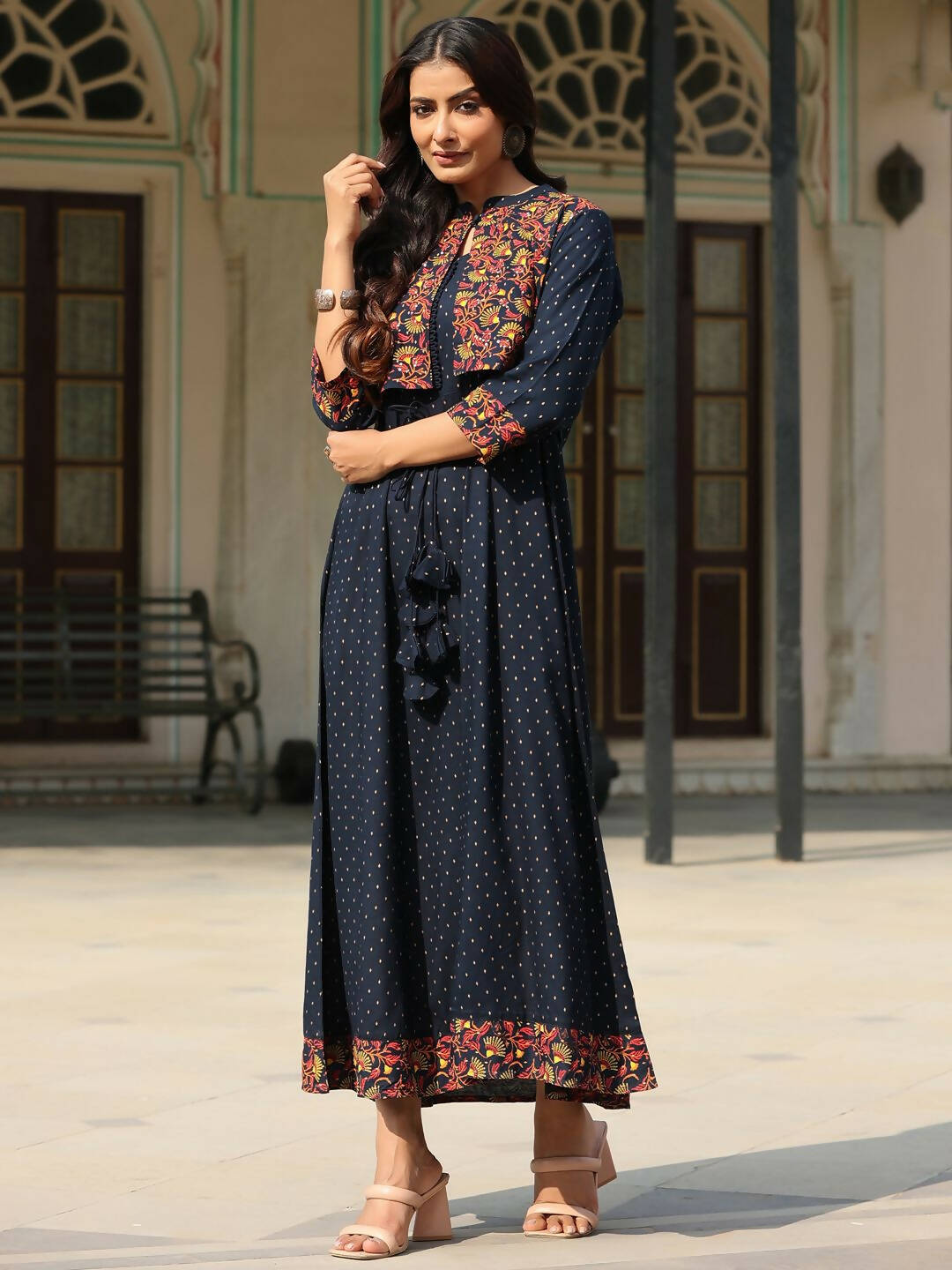 Juniper Women's Blue Rayon Festive Printed Flared Dress - Distacart