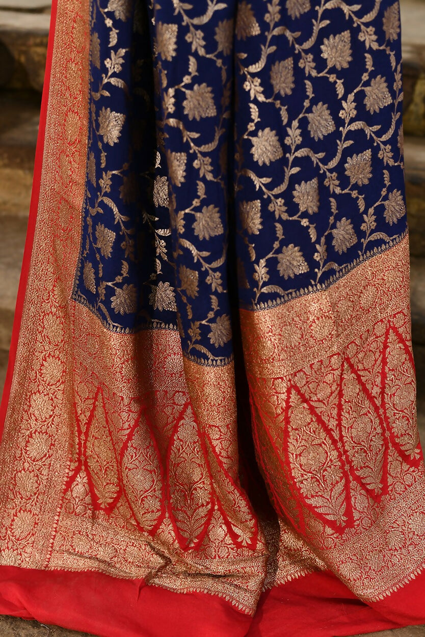 Joban Fashion Navy Blue Crepe Chiffon Pure Handloom Banarasi Silk Saree