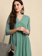 Janasya Green Solid Dobby Weave Kurta - Distacart