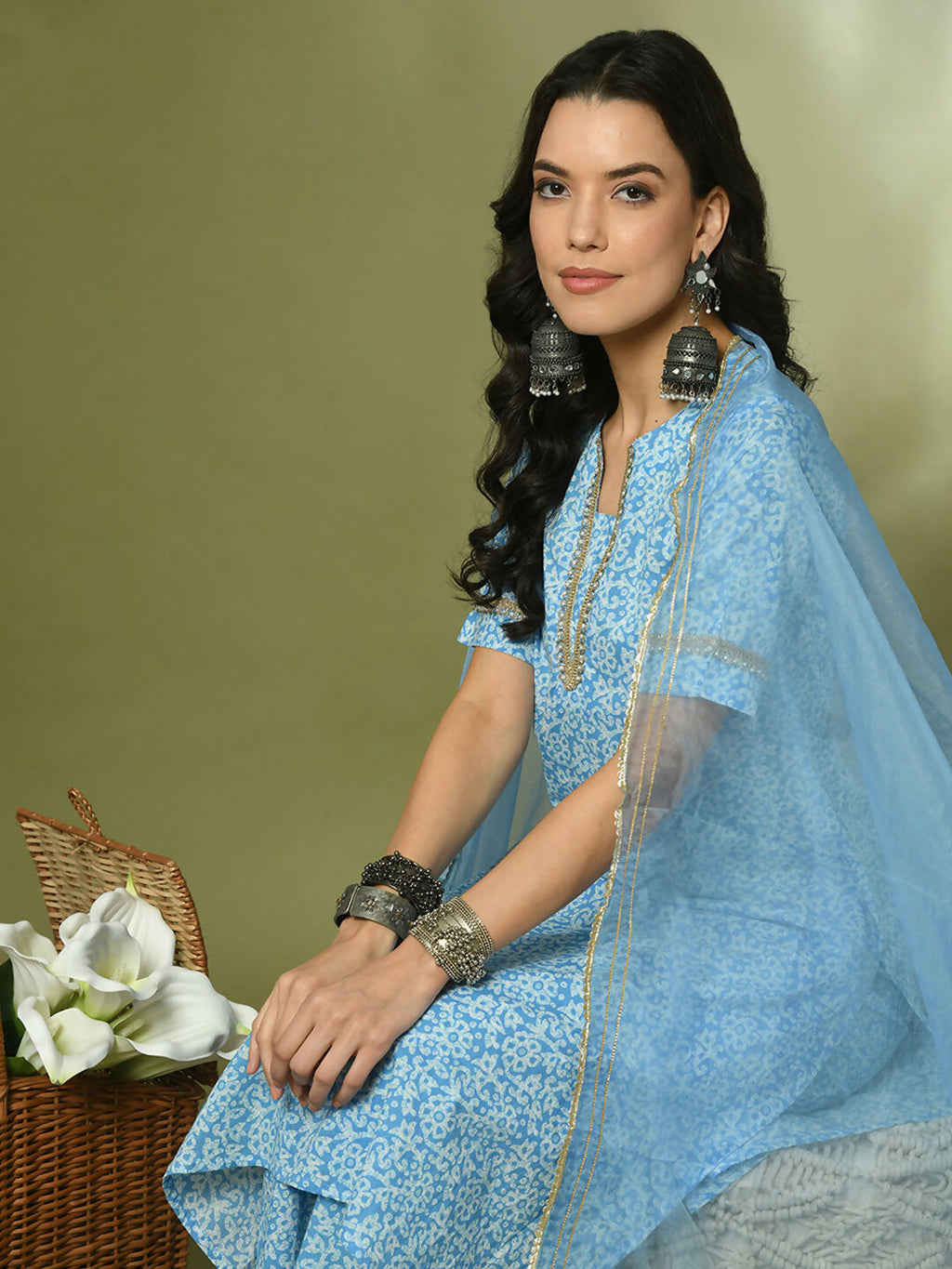 Myshka Women's Blue Printed Cotton Straight Party Kurta Set With Dupatta