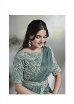 Aqua Blue Crepe Satin Silk Designer Ready to wear saree with stithced Blouse - Mohmanthan Aura