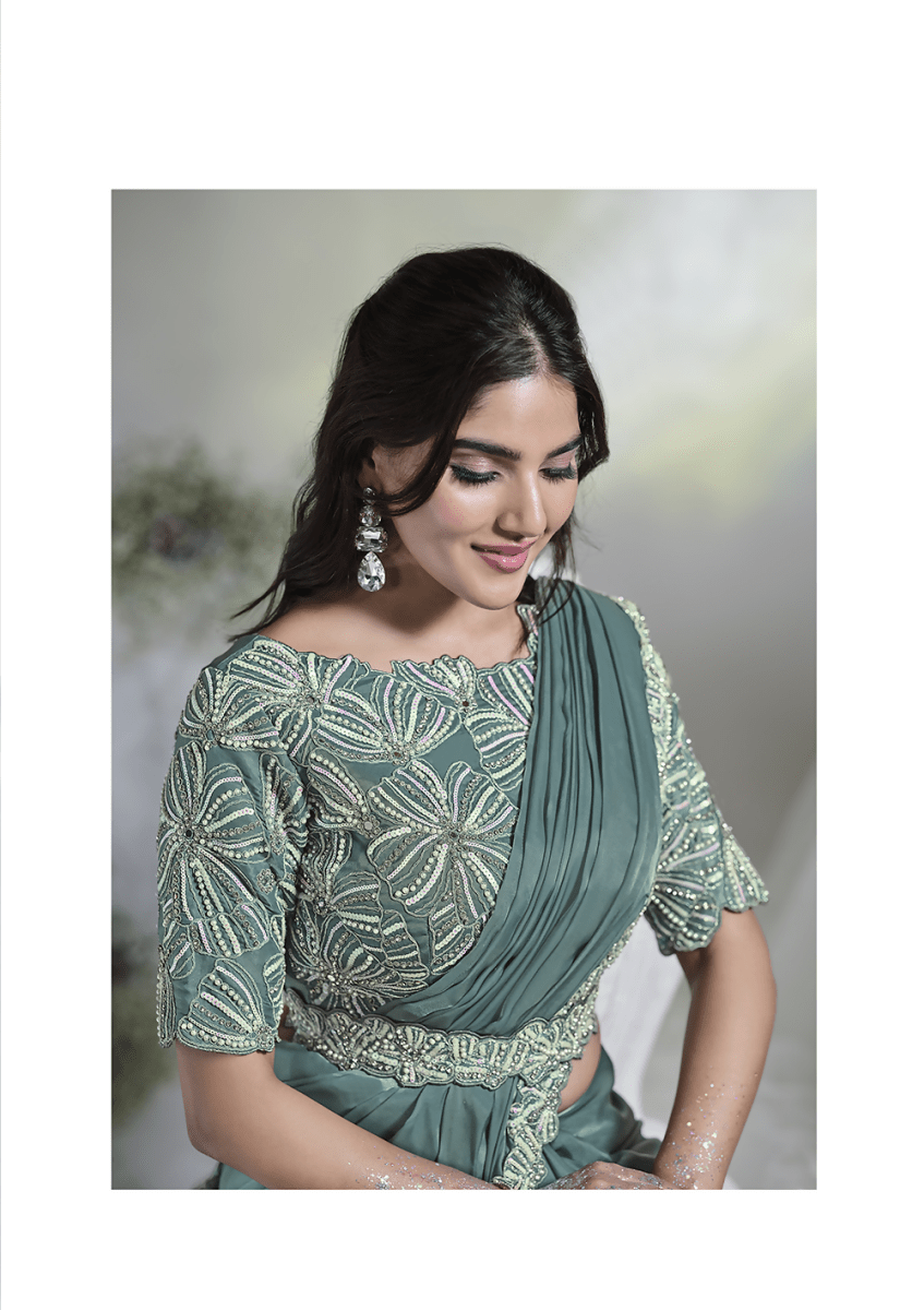 Aqua Blue Crepe Satin Silk Designer Ready to wear saree with stithced Blouse - Mohmanthan Aura