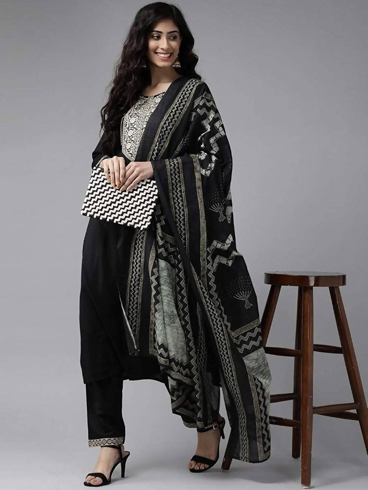Yufta Women Black & Beige Yoke Design Kurta with Trouser & Dupatta