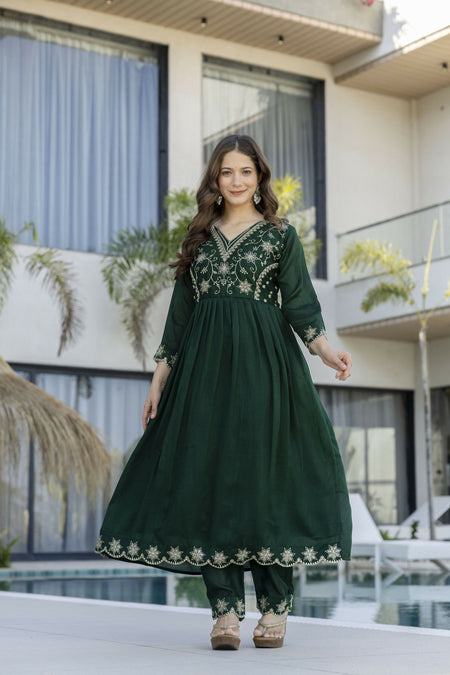 The52 Women's Beautiful Embroidery Work Vichitra Silk Fabric Flared Anarkali Pant and Dupatta Set