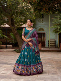 Vastranavya Patola Printed and Foil Work Tussar Silk Lehenga with Unstitched Blouse - Teal