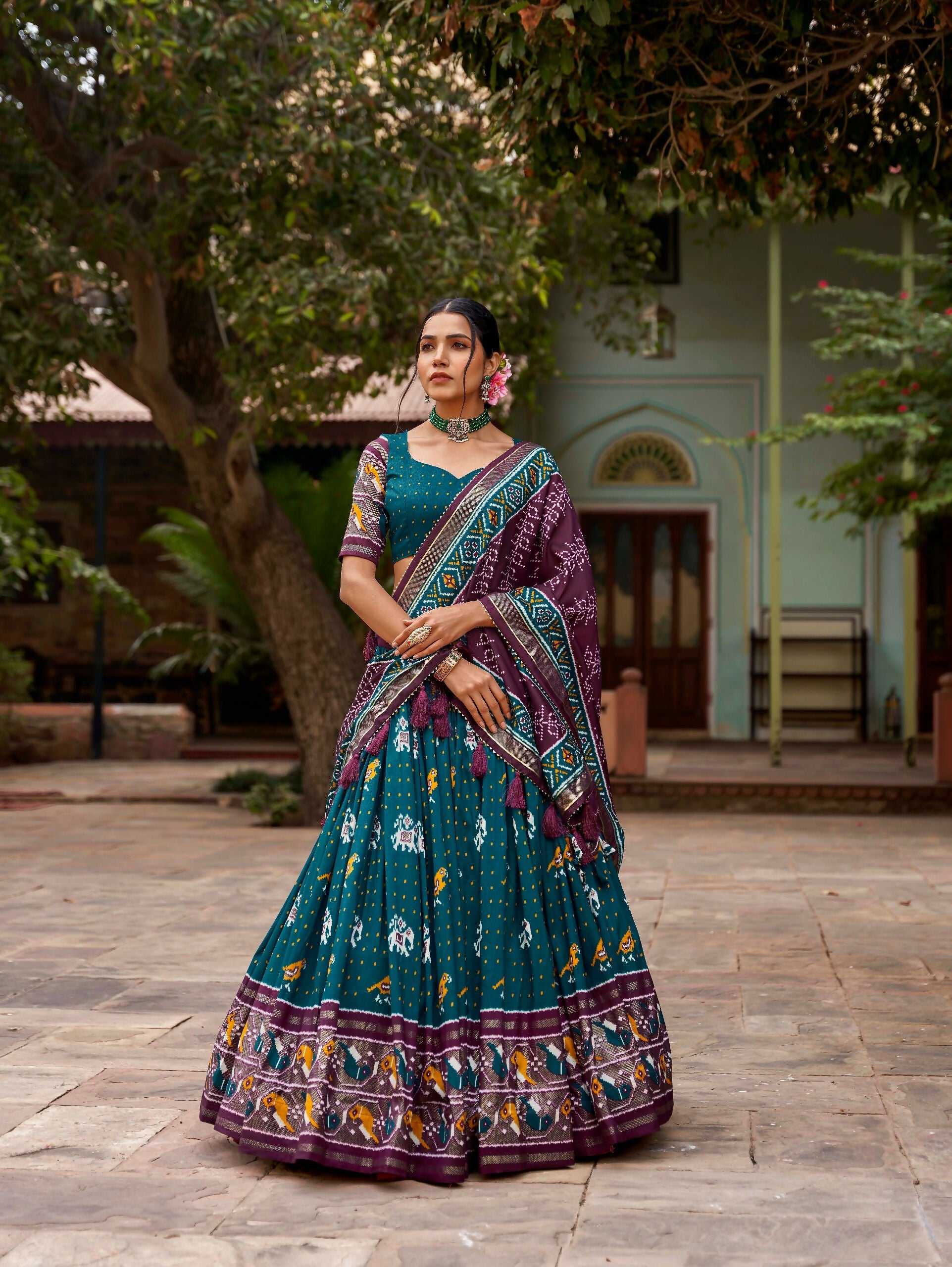 Vastranavya Patola Printed and Foil Work Tussar Silk Lehenga with Unstitched Blouse - Teal