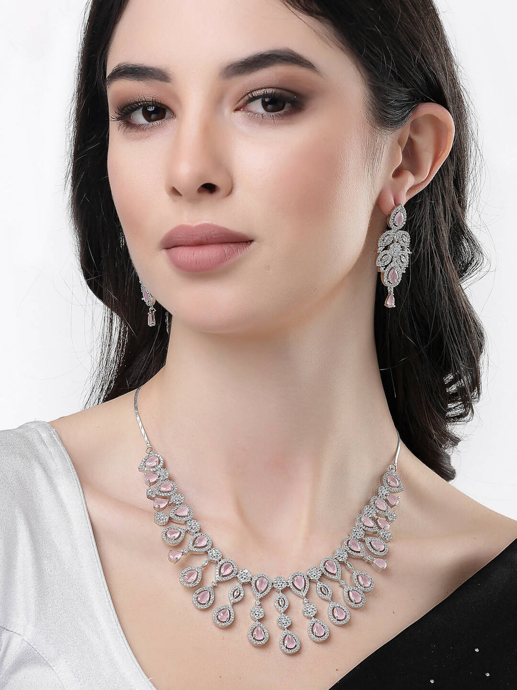 NVR Women Silver Plated & Pink Cz Stone Handcrafted Jewellery Set