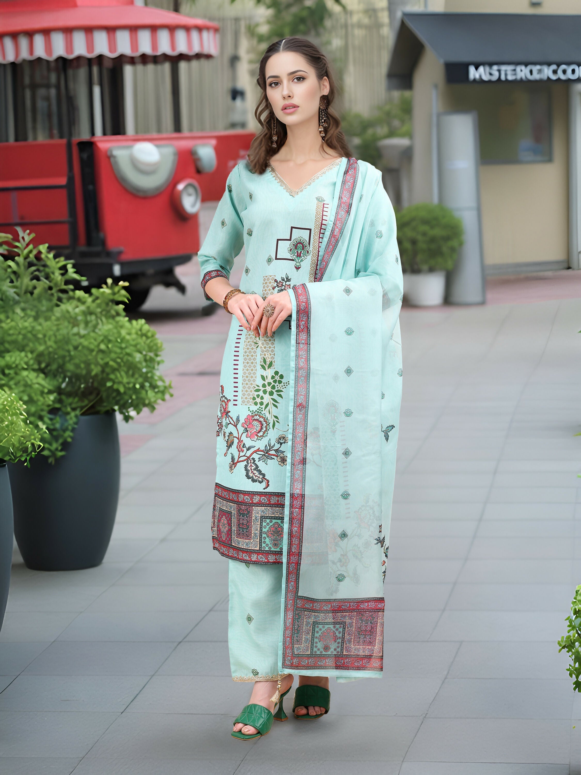 Joban Fashion Sky Blue Positive Digital Print With Position Foil Kurta Set - Distacart
