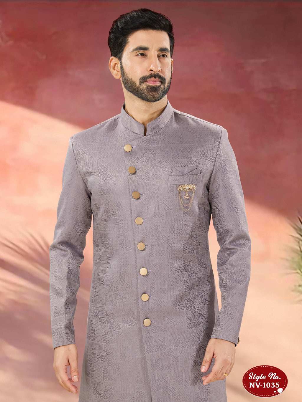 Joban Fashion Men's Light Purple Straight Imported Tr Self-Design In Fabric Indo-Western Kurta Set