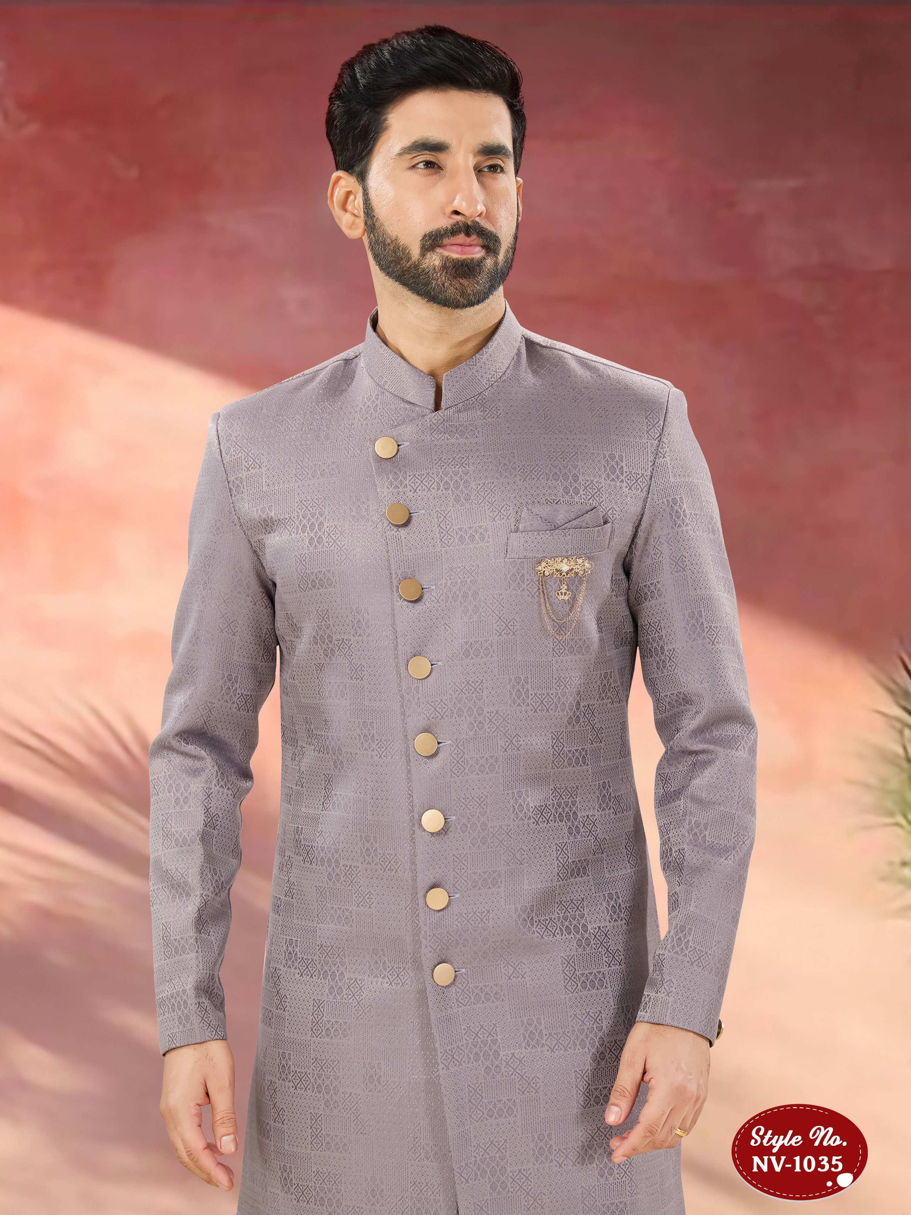 Joban Fashion Men's Light Purple Straight Imported Tr Self-Design In Fabric Indo-Western Kurta Set