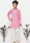 Little Bansi Boys Cotton Jaipuri Kurta with Pearl Buttons & Pyjama -Pink & Cream