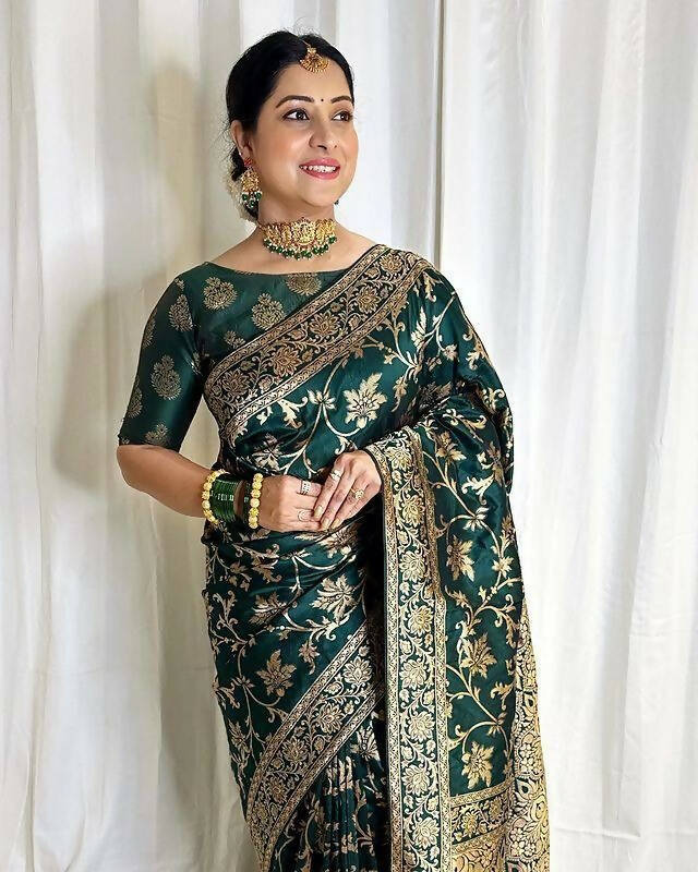 DEIANA'S Beautiful Designer Golden zari Soft Lichi Silk Saree - Teal