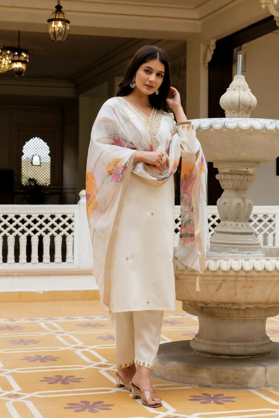 The52 White Women's Beautiful Viscose Chanderi Fabric Embroidered Work Straight Kurta Pant and Dupatta Set - Distacart