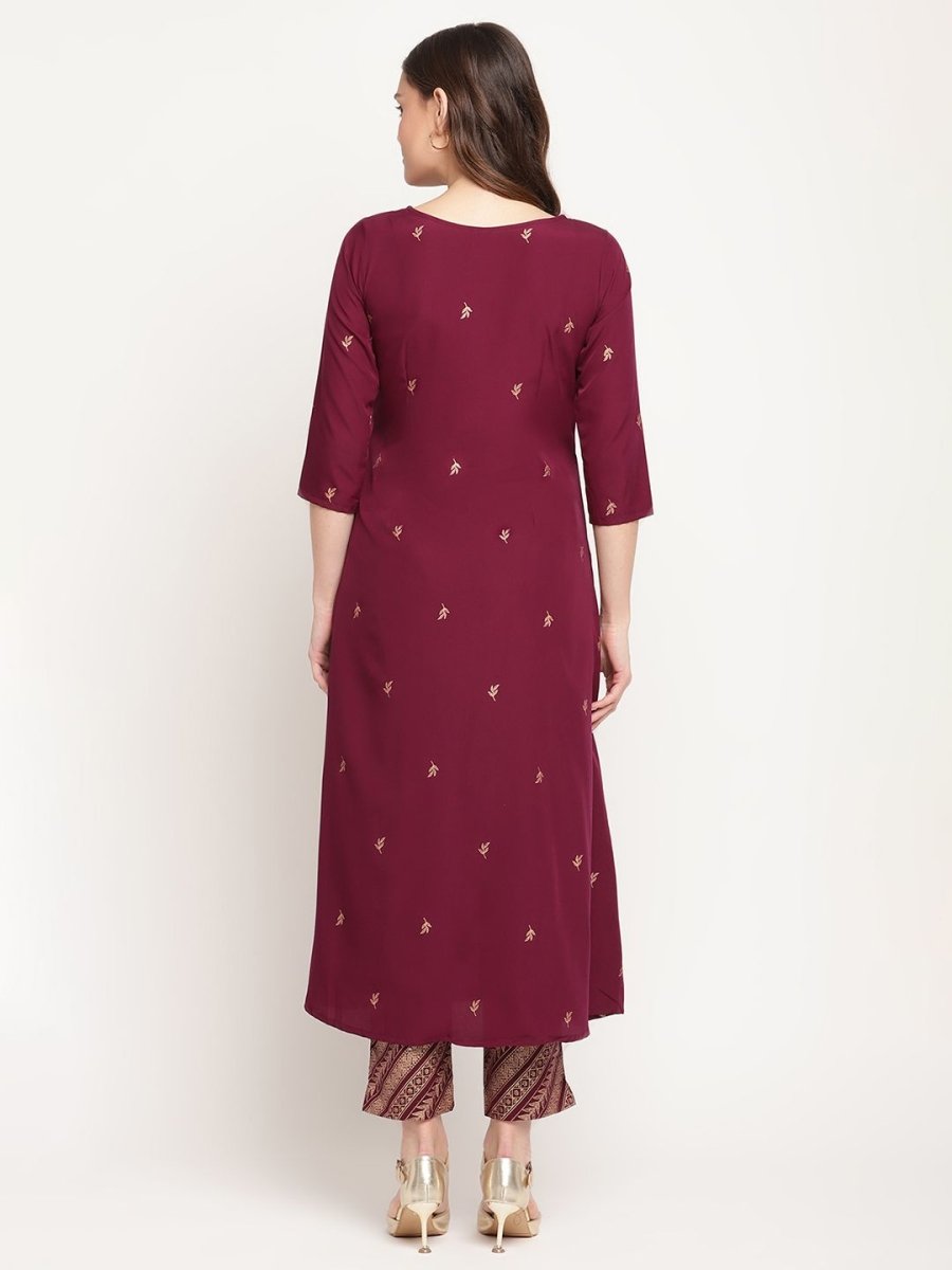 Ahalyaa Women's Wine Crepe Gold Glitter Print Kurta Trouser Set