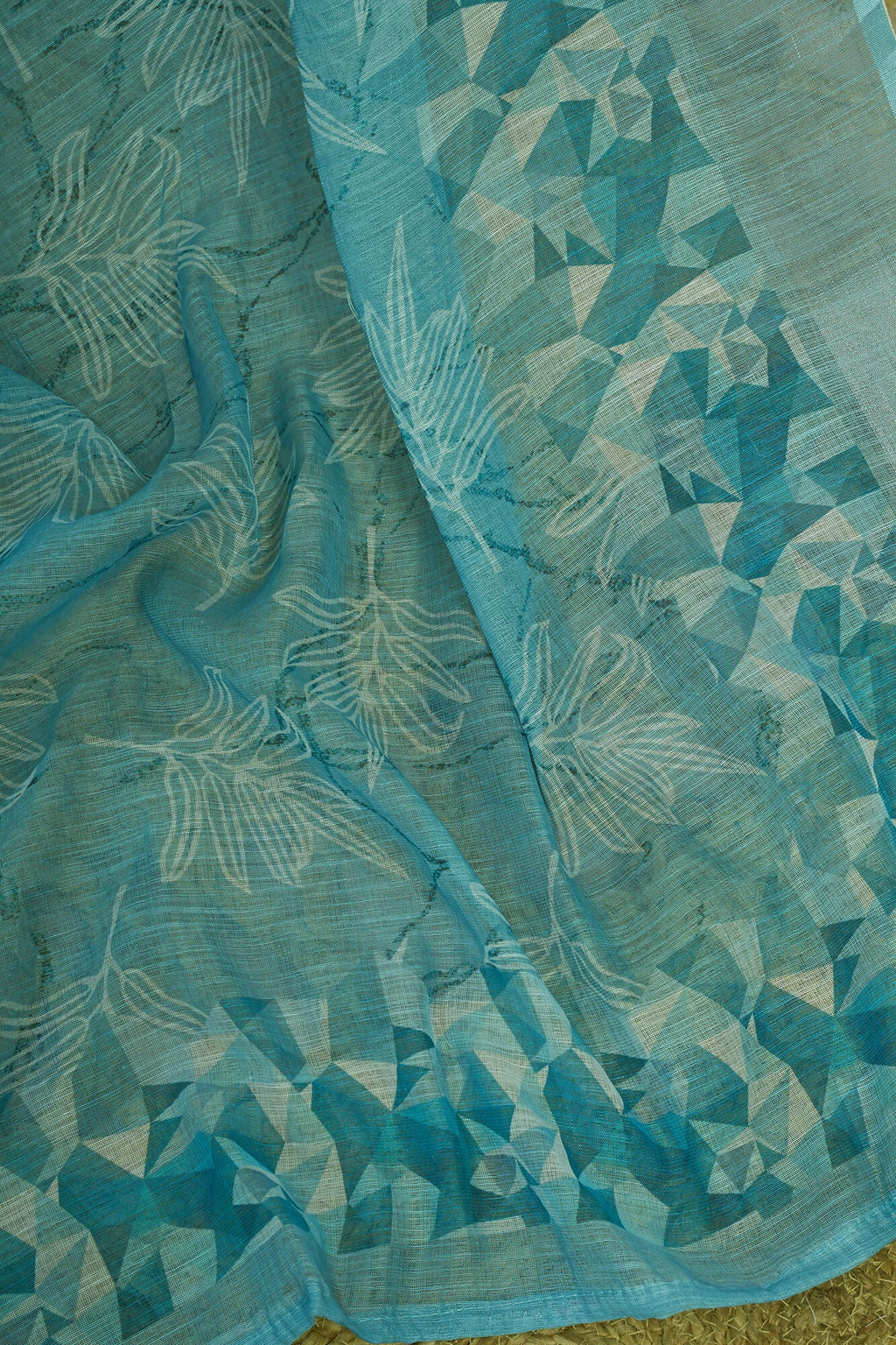 Vastranavya Sky Blue Digital Printed Linen Ready To Wear Designer Saree with Unstitched Blouse - Distacart