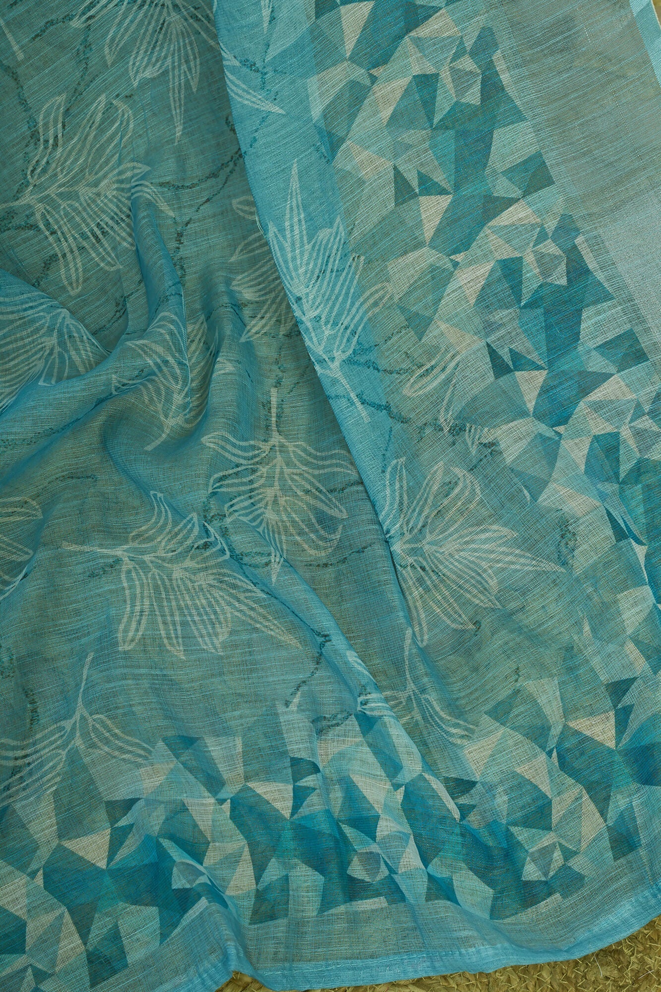 Vastranavya Sky Blue Digital Printed Linen Ready To Wear Designer Saree with Unstitched Blouse - Distacart