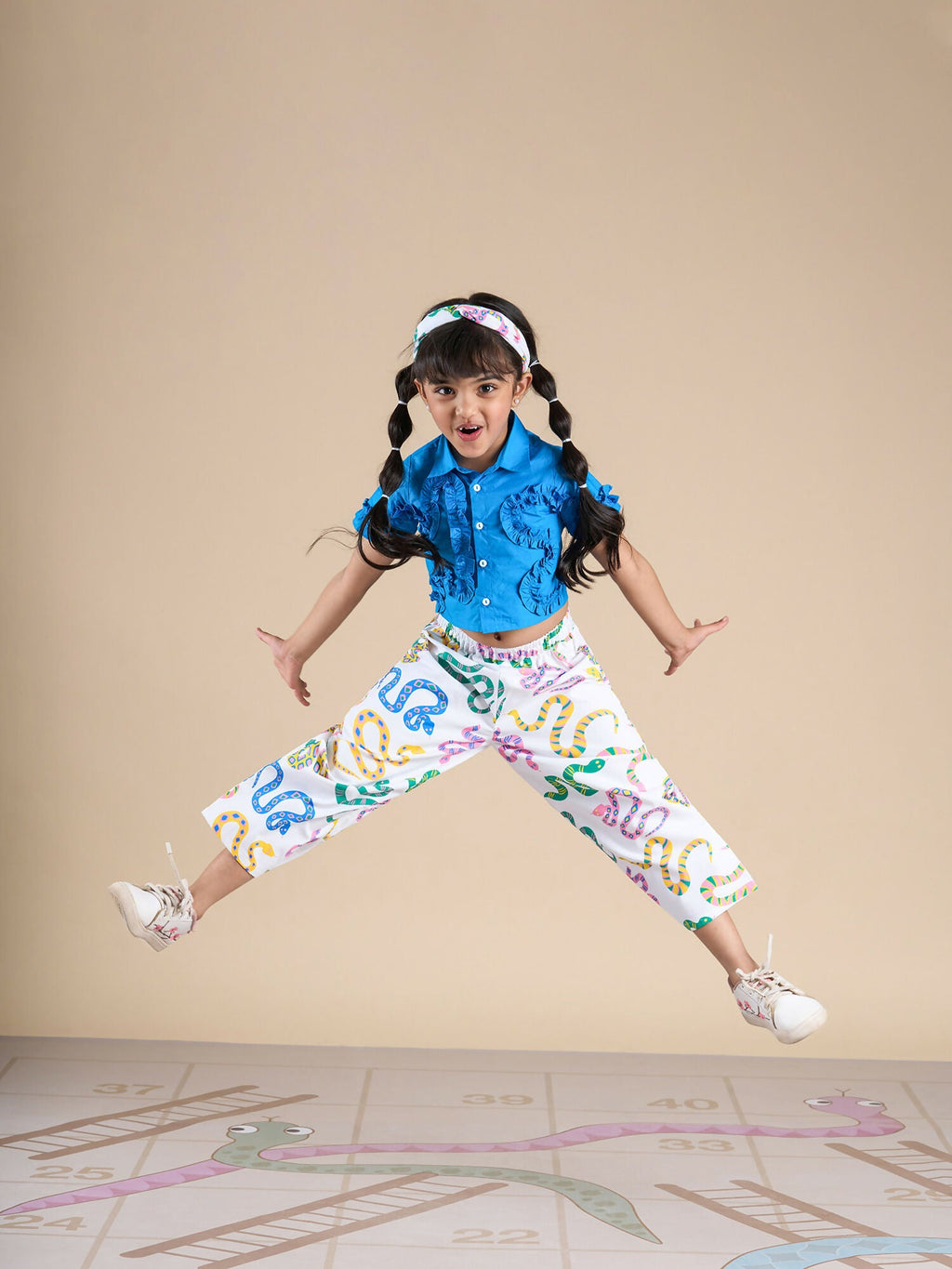 Snakes and Ladders Girls Blue Shirt and Multi Color Snake Print Pant Set from Siblings Collection