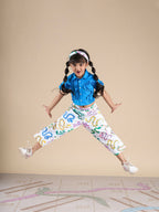 Snakes and Ladders Girls Blue Shirt and Multi Color Snake Print Pant Set from Siblings Collection