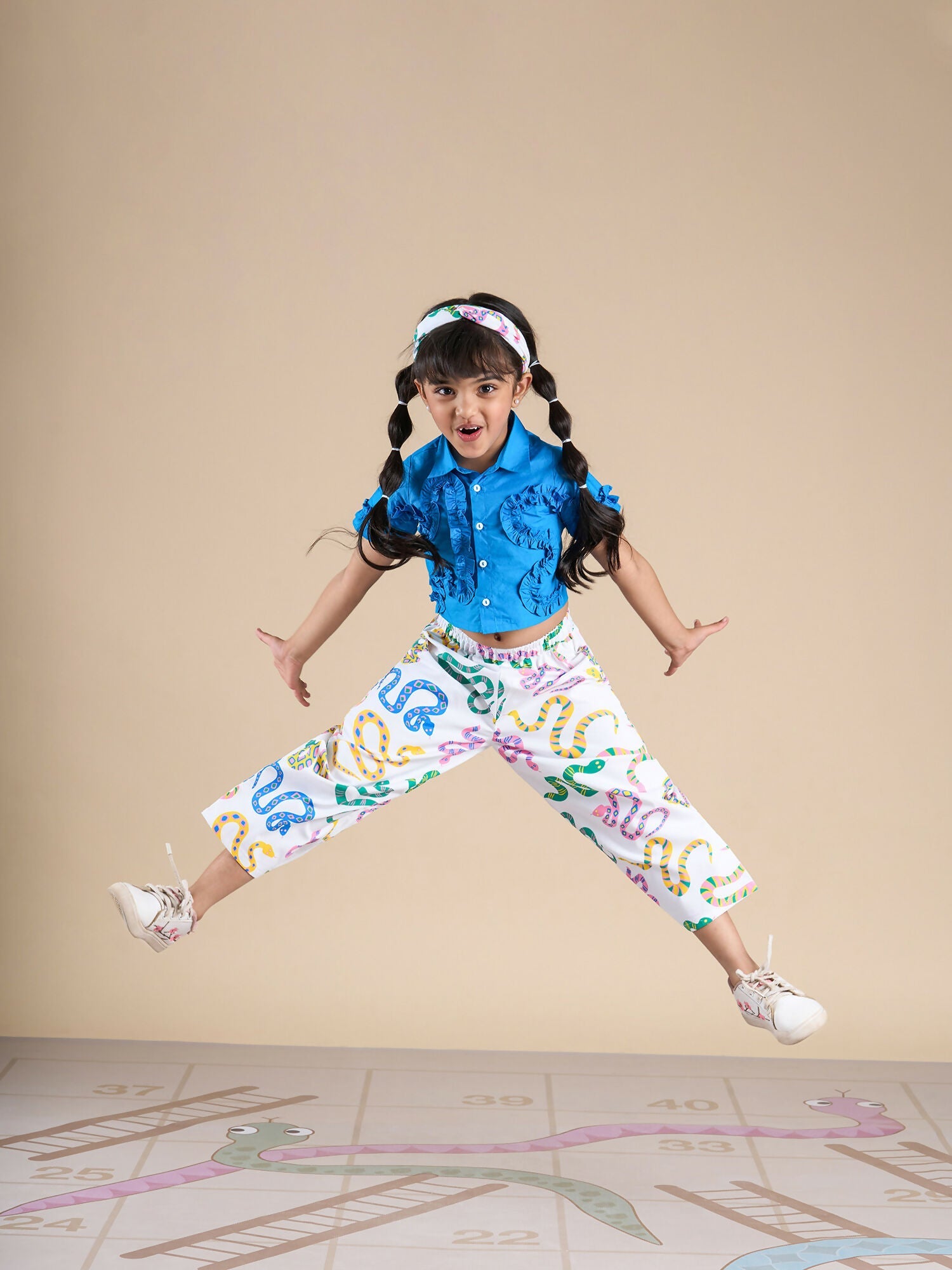 Snakes and Ladders Girls Blue Shirt and Multi Color Snake Print Pant Set from Siblings Collection