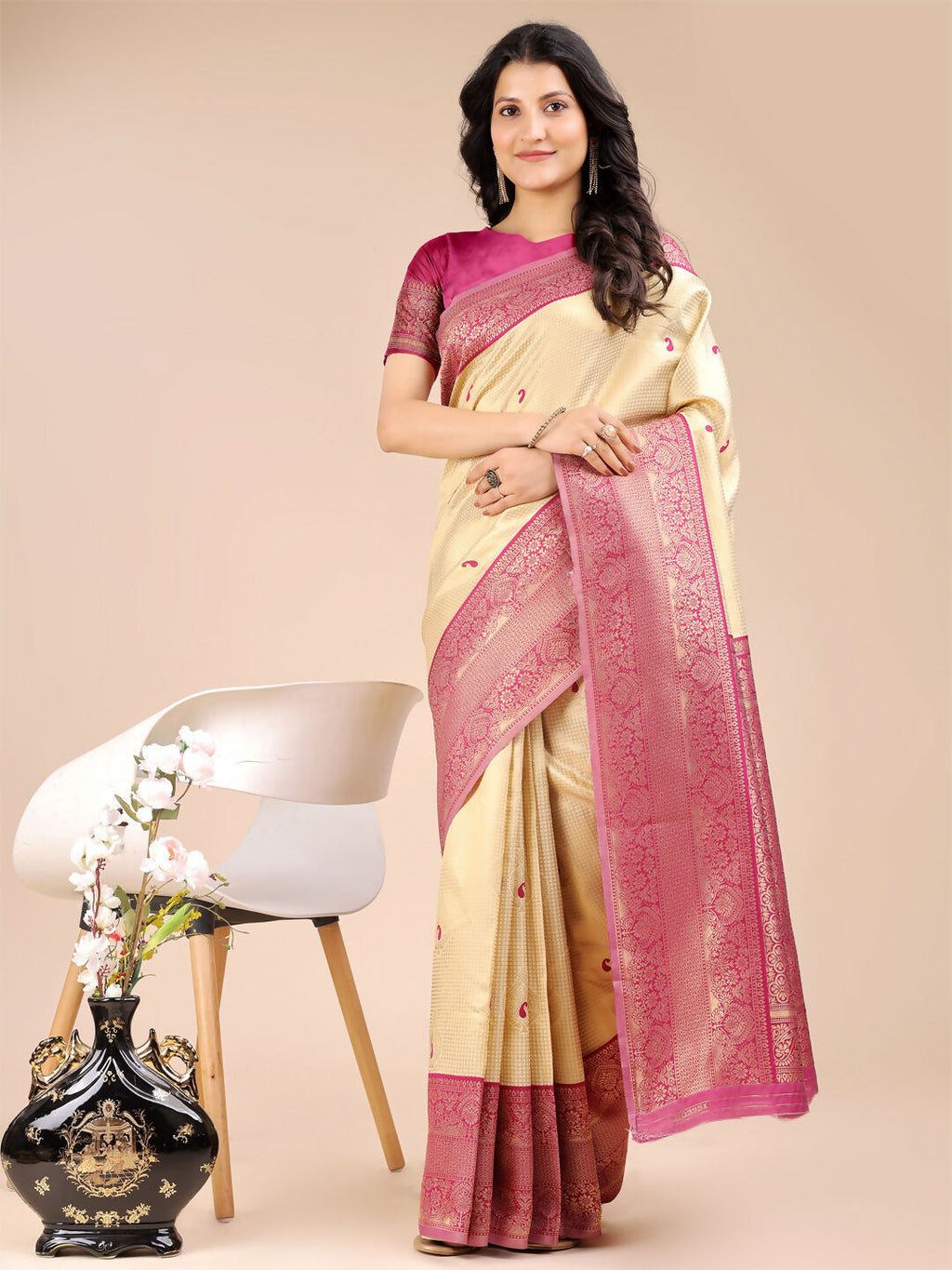 Shree Shyam Fashion Aura Silk Cream Magenta Banarasi Silk Saree