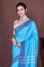 Morchari Blue Cotton Handloom Mirror Work Saree Unstitched Blouse - Distacart