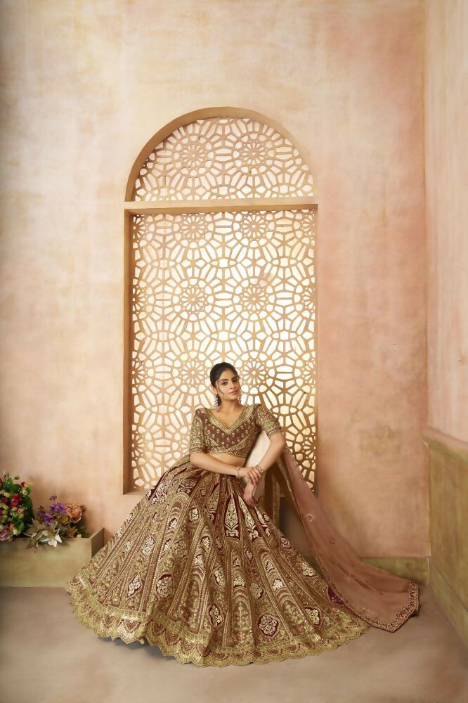 Kesar Fab Coffee Banarasi Silk Embroidered Lehenga