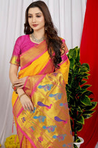 Jyoti Fashion Women's Yellow Paithani Silk Zari Woven Saree with Blouse
