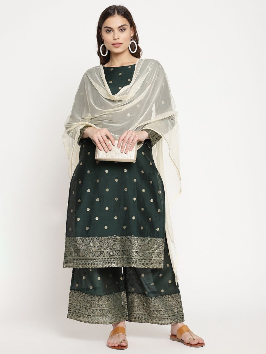 Ahalyaa Dark Green Gold Print Kurta Palazzo Set With Dupatta