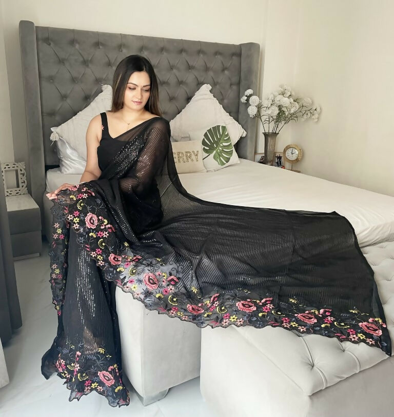 Black Shimmer Silk Multi Thread Sequence Embroidery Work Saree - Kashta