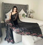 Black Shimmer Silk Multi Thread Sequence Embroidery Work Saree - Kashta