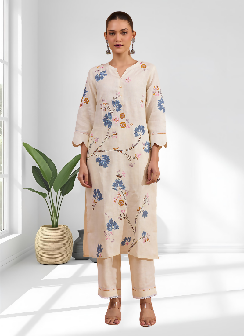 Joban Fashion Cream Linen Embroidered Readymade Long Kurta With Pant - Distacart