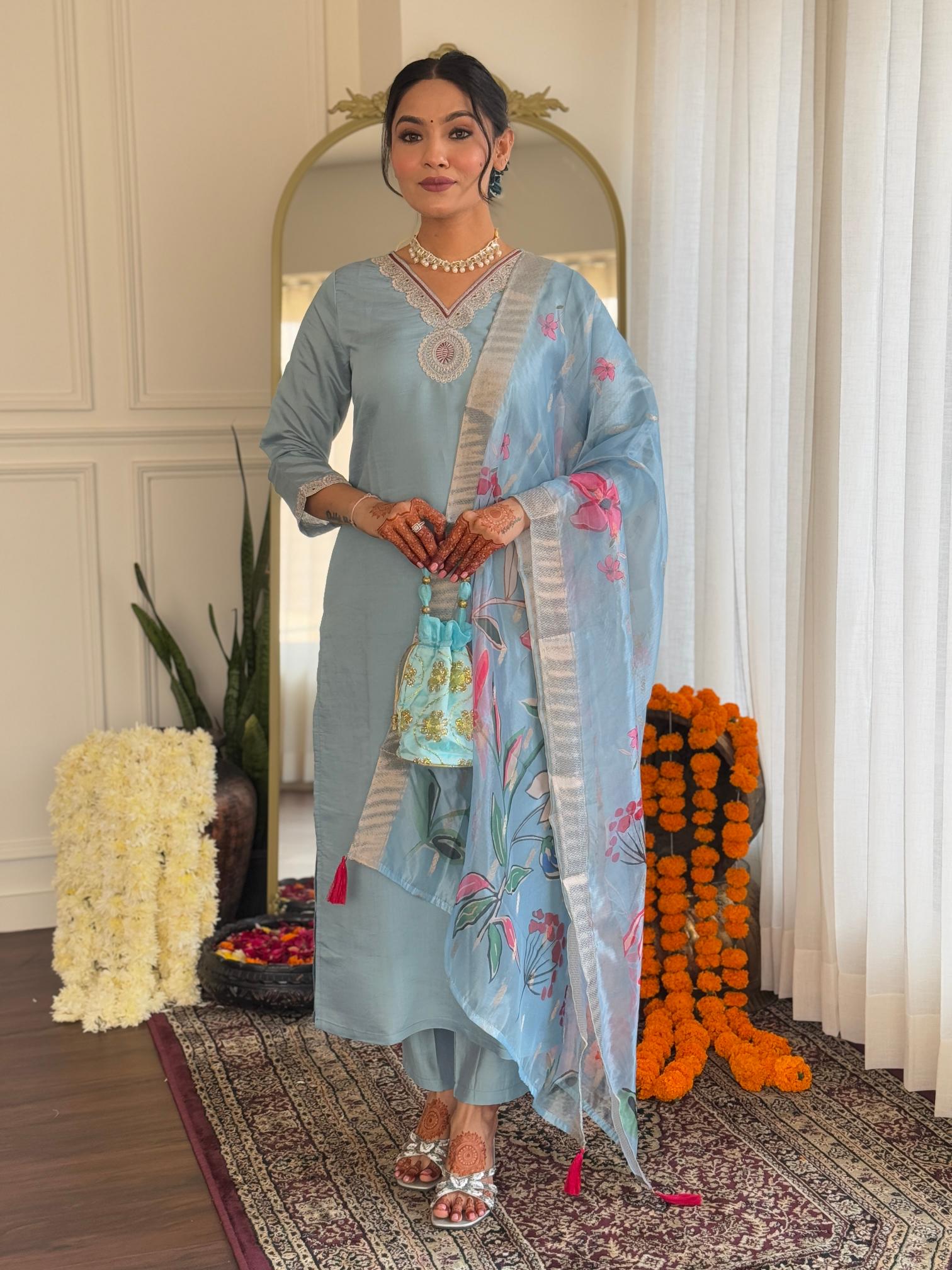 The52 Embroidered Roman Silk Fabric Straight Kurta, Pant and Dupatta Set - Distacart