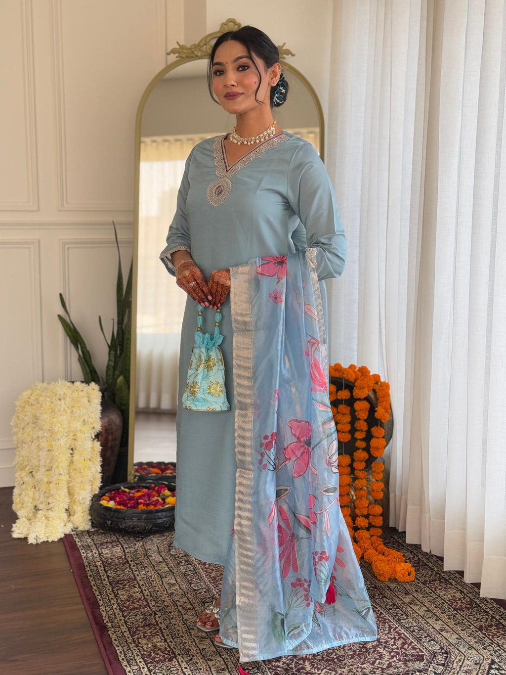 The52 Embroidered Roman Silk Fabric Straight Kurta, Pant and Dupatta Set - Distacart