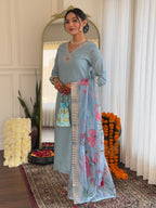 The52 Embroidered Roman Silk Fabric Straight Kurta, Pant and Dupatta Set - Distacart