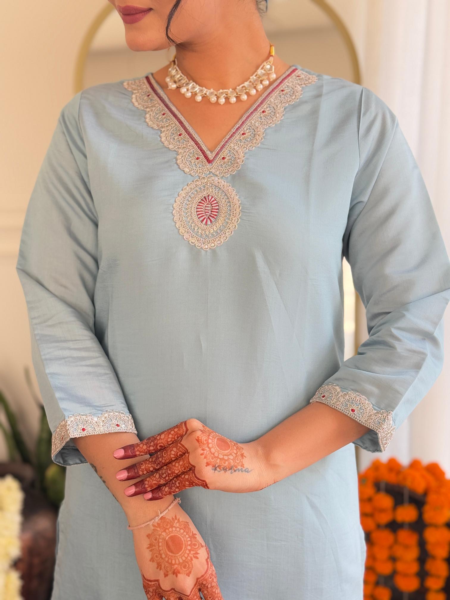 The52 Embroidered Roman Silk Fabric Straight Kurta, Pant and Dupatta Set - Distacart