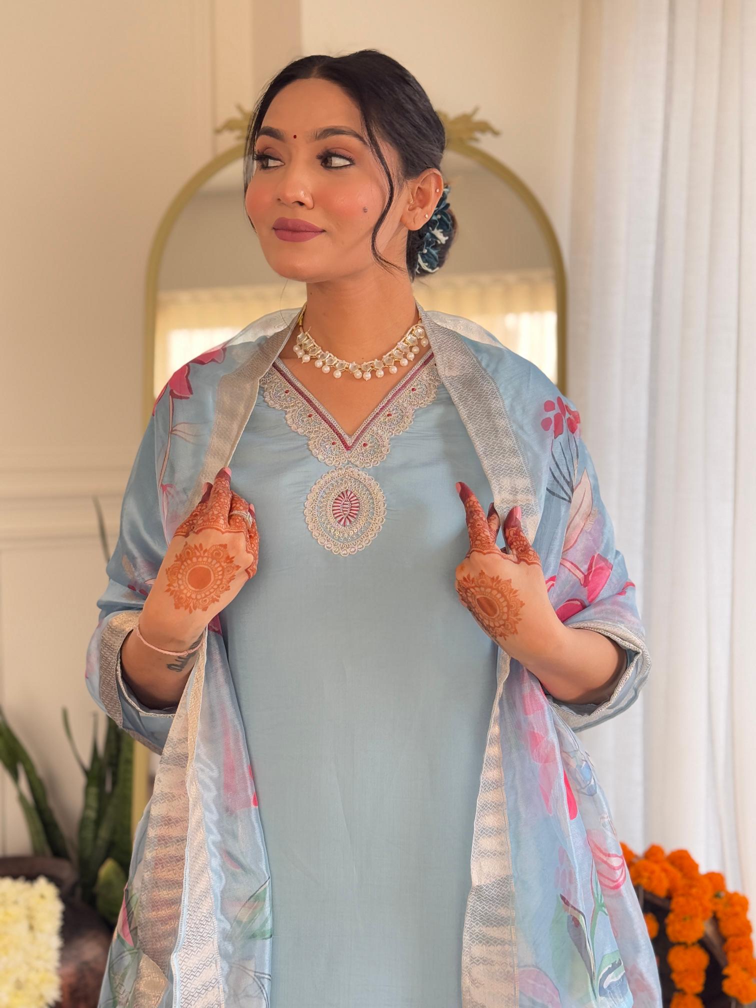 The52 Embroidered Roman Silk Fabric Straight Kurta, Pant and Dupatta Set - Distacart