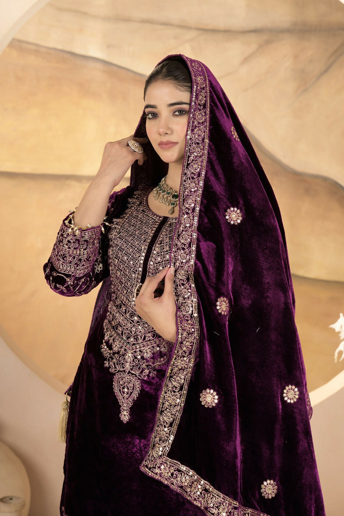 Joban Fashion Wine Velvet Sequence Embroidery Work Kurta Set - Distacart
