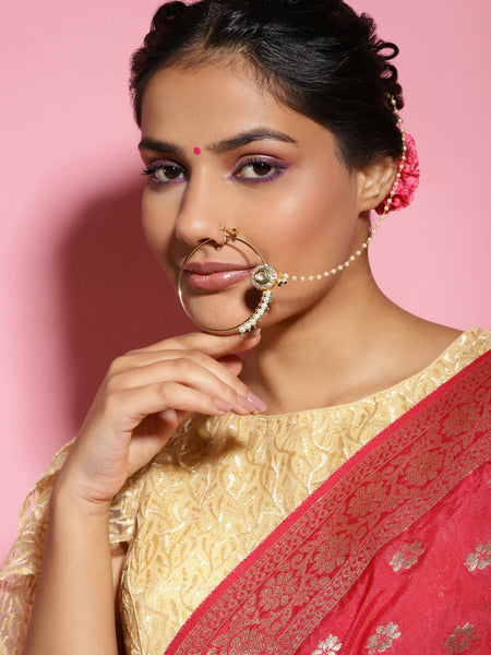 Gold-Polished White Green Kundan-Studded Pearl Beaded Nosepin - Ruby Raang