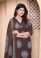 Miravan Womens Animal Print Cotton Brown Stitched Kurta Palazzo With Dupatta Set - Distacart