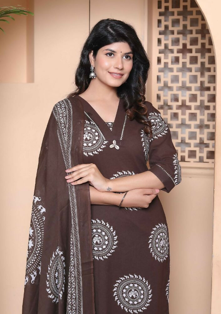 Miravan Womens Animal Print Cotton Brown Stitched Kurta Palazzo With Dupatta Set - Distacart