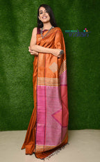 Very Much Indian Handwoven Raw Silk Dupion Saree - Orange With Pink Pallu - Distacart