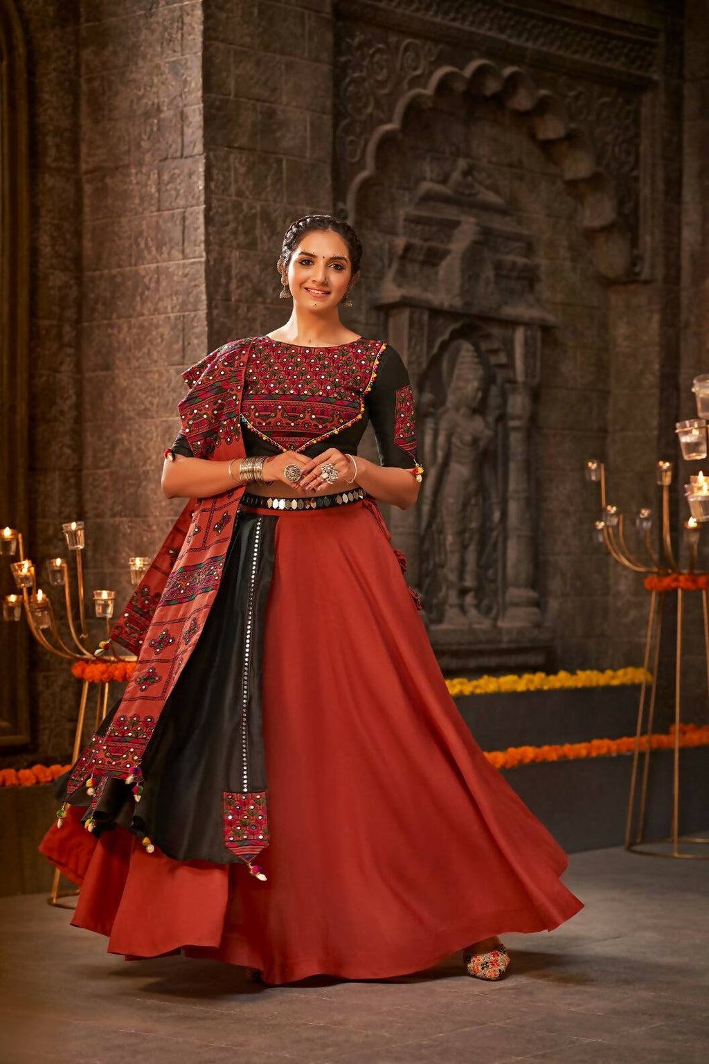 Orange Cotton Thread Embroidered Navratri Lehenga Choli with Dupatta - Raas