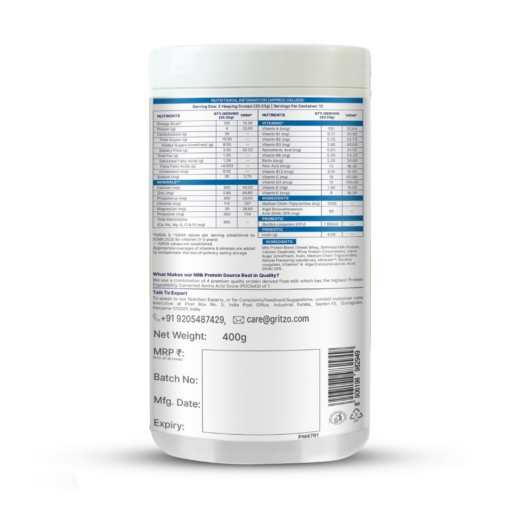 Gritzo SuperMilk Weight+ (2-6y Boy & Girl), 4g Protein Powder - Creamy Vanilla - Distacart