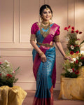 DEIANA'S Beautiful Designer Golden zari Soft Lichi Silk Saree - Blue
