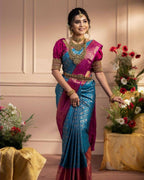DEIANA'S Beautiful Designer Golden zari Soft Lichi Silk Saree - Blue