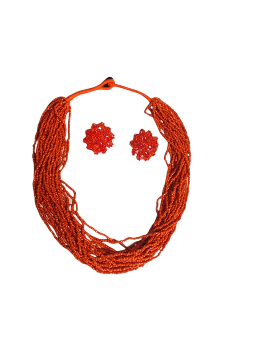 Inhanns Vibrant Handmade 20 Layers Beaded Necklace With Matching Earrings - Orange