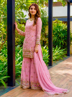 Teeya Creation Pink Faux Georgette Multi Thread Work Wedding Wear Sharara Set